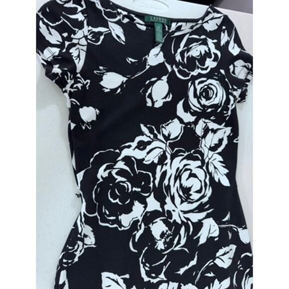 "LAUREN RALPH LAUREN" Black Roses, Peplum Dress, Size XS, SEE PICSMISSING BELT - Picture 6 of 11